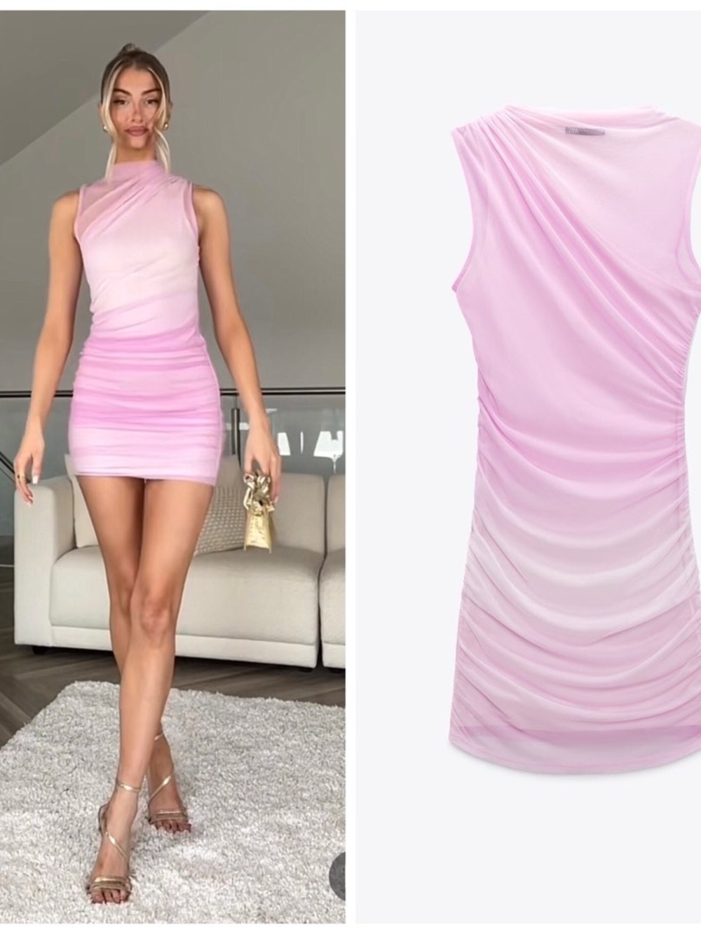 ZARA Draped Tulle Mini Dress Ombre Pink Blush Strapless Party Cocktail XL